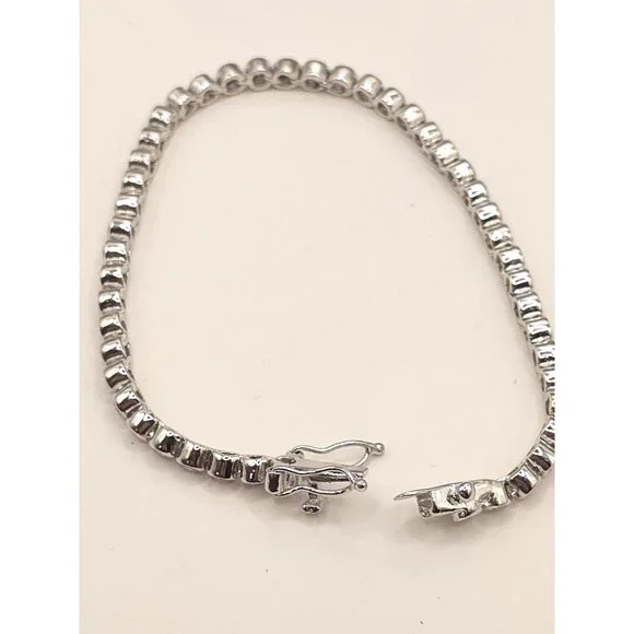 Silver Tone Tennis Bracelet With Pink CZ Stones & Secure Clasp - Picture 2 of 11